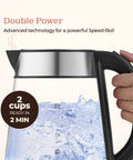 Person holding Fast Boil Electric Kettle For Coffee And Tea 1.7L Water Boiler 1500W Borosilicate Glass with water boiling inside
