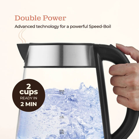 Person holding Fast Boil Electric Kettle For Coffee And Tea 1.7L Water Boiler 1500W Borosilicate Glass with water boiling inside