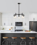 4 Light Black Dining Room Chandelier With Glass Shades, farmhouse contemporary modern pendant ceiling light over kitchen island