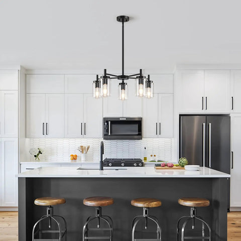 4 Light Black Dining Room Chandelier With Glass Shades, farmhouse contemporary modern pendant ceiling light over kitchen island