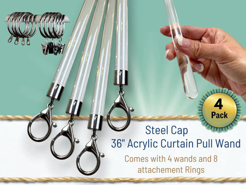 36 Inch Clear Acrylic Curtain Pull Wands 4 Pack With Steel Cap Ends No Fuss Grab And Go Easy Open Hardware For Window Rods Lightweight Yet Sturdy Curtain Accessories, 4-pack with ring clips