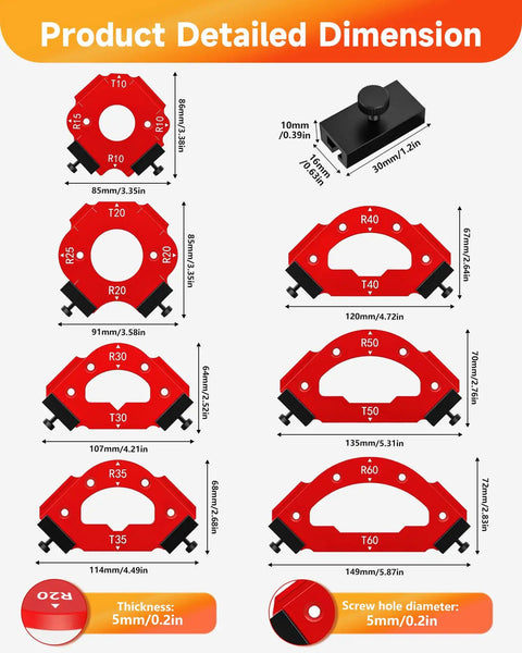 Premium 7 Piece Router Corner Radius Template Set Featuring 18 Precision Sizes And A Rock Solid 3 In 1 Positioning Jig dimensions with radius options displayed.