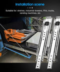 Rock Solid Side Mount Ball Bearing Drawer Slides Heavy Duty Full Extension 58 Inch Industrial Rail Set in installation scene for industrial use.