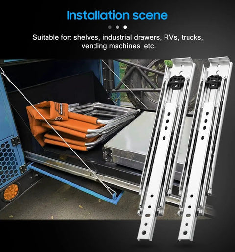 Rock Solid Side Mount Ball Bearing Drawer Slides Heavy Duty Full Extension 58 Inch Industrial Rail Set in installation scene for industrial use.