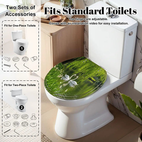 Round Graceful Swans Serene Willow Tree Reflected Calm Pond Toilet Seat on standard white toilet, showcasing installation compatibility.