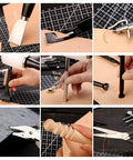 Starter Friendly Leather Working Kit, 415 Piece Tool Set Packed With Punching, Sewing, Stamping, Sanding, Cutting, Carving And Edge Beveling Tools In A Sturdy Leather Tool Storage Bag, Pro Grade Leathercraft Essentials in use, showing various tools such as stamps, punches, and scissors being used on leather material.