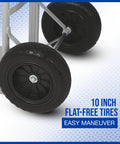Close-up of heavy duty steel hand truck with 10 inch flat-free tires, P-style handle, and 14 inch wide toe plate