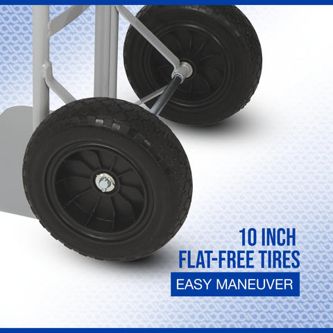 Close-up of heavy duty steel hand truck with 10 inch flat-free tires, P-style handle, and 14 inch wide toe plate