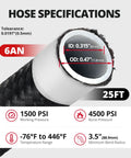 Hose specifications for 6AN PTFE Nylon Braided Fuel Line Kit For EFI LS Swaps And Turbo Builds Three Eighth Inch 25ft