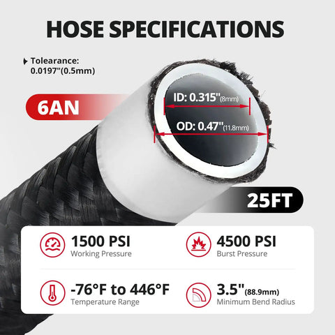 Hose specifications for 6AN PTFE Nylon Braided Fuel Line Kit For EFI LS Swaps And Turbo Builds Three Eighth Inch 25ft