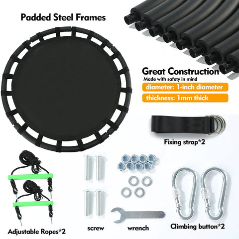 Black Round Saucer Swing With Handles For Backyard Fun, Built Tough Steel Frame, 40 Inch Diameter, Durable PP Mat, Adjustable Multi Strand Ropes