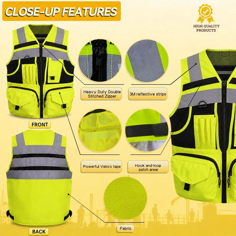 Close-up features of Top Shelf Hi Vis Safety Vest Equipped With Authentic 3M Reflective Strips For Road Crews And Night Shift Grinds.