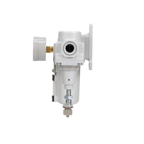 Side view of Air Filter Regulator Combo Three Quarter Inch NPT With T Handle Manual Drain Heavy Duty Metal Bowl Ten Micron Element Zero To One Hundred Fifty Psi Gauge And Mounting Bracket