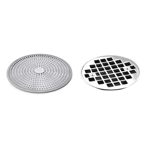 Built Tough Shower Stall Drain Protector Catcher With Rust Proof Stainless Steel And Flexible Silicone Rim Blocks Hair Clumps Easy Soap Off Rinse Two Pack shown with two designs.