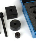 Double D Punch Die Set Pro Grade 0.769 In By 0.642 In Knockout Holes tools with steel dies, shown with blue carrying case