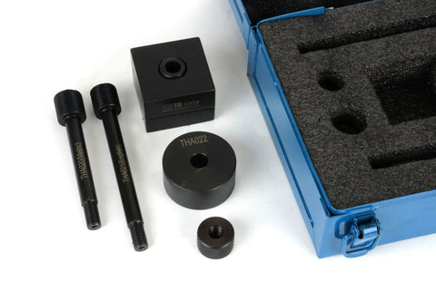 Double D Punch Die Set Pro Grade 0.769 In By 0.642 In Knockout Holes tools with steel dies, shown with blue carrying case