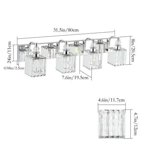 Modern Crystal Vanity Light For Bathroom 4 Light Chrome Wall Fixture Over Mirror 31.5 Inch with detailed dimensions.