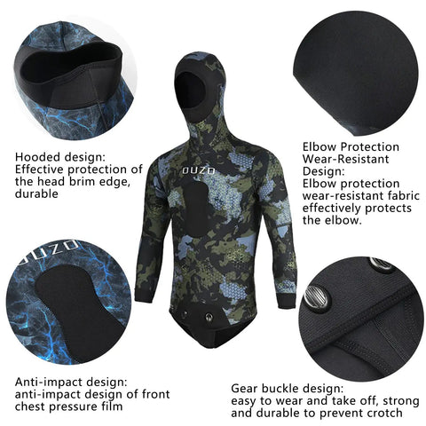 5mm Neoprene Hooded Spearfishing Wetsuit Two Piece Full Body Camouflage Diving Suit For Cool Water Freediving And Hunting, Green XXL