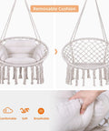 Macrame Hammock Chair With Cushion And Hardware Kit For Indoor And Outdoor Chill Boho Swing Seat For Patio Balcony Porch Or Bedroom Beige Easy To Install Lightweight And Portable For Anywhere showing removable cushion and details