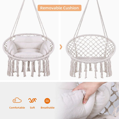 Macrame Hammock Chair With Cushion And Hardware Kit For Indoor And Outdoor Chill Boho Swing Seat For Patio Balcony Porch Or Bedroom Beige Easy To Install Lightweight And Portable For Anywhere showing removable cushion and details