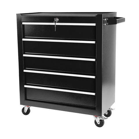 Five Drawer Rolling Tool Chest On Wheels For Garage And Workshop Heavy Duty Steel Tool Cart With Lockable Drawers Tool Storage Cabinet Mobile Toolbox Organizer In Black Finish, black steel front view