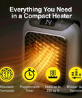 Compact Plug In Wall Outlet Space Heater Drops Kickin Turbo Heat For Spaces Up To Two Hundred Fifty Sq Ft with adjustable thermostat.