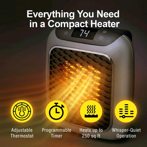 Compact Plug In Wall Outlet Space Heater Drops Kickin Turbo Heat For Spaces Up To Two Hundred Fifty Sq Ft with adjustable thermostat.