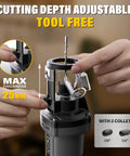 Cordless Drywall Cut Out Tool For 20V Batteries showing adjustable depth and collet sizes, max thickness 25mm
