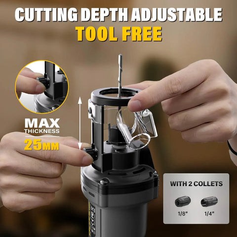 Cordless Drywall Cut Out Tool For 20V Batteries showing adjustable depth and collet sizes, max thickness 25mm