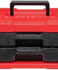 Front view of a red 2-drawer tool box from 256 Piece Mechanics Tool Set With 72 Tooth Low Profile Ratchet And 2 Drawer Tool Box Pro Grade All In One Kit For Auto Home And Shop Projects Includes Sockets Wrenches And More