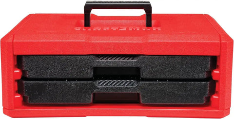 Front view of a red 2-drawer tool box from 256 Piece Mechanics Tool Set With 72 Tooth Low Profile Ratchet And 2 Drawer Tool Box Pro Grade All In One Kit For Auto Home And Shop Projects Includes Sockets Wrenches And More