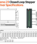 Nema 23 closed-loop stepper driver diagram with front and side views, dimensions, and terminal layout