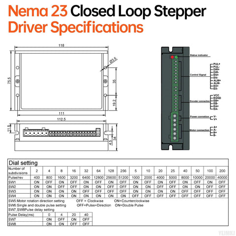Nema 23 closed-loop stepper driver diagram with front and side views, dimensions, and terminal layout