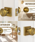 Interior and exterior views of Vintage Style Brass Finish Square Door Knob With Privacy Lock for bedroom and bathroom doors