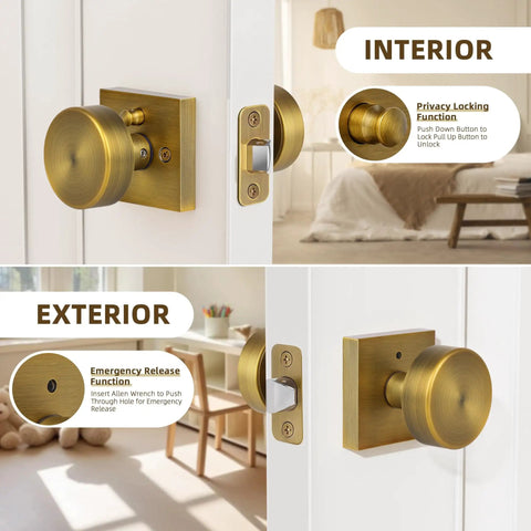 Interior and exterior views of Vintage Style Brass Finish Square Door Knob With Privacy Lock for bedroom and bathroom doors