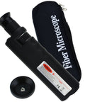 Side view of a black handheld fiber optic inspection microscope with adjustable focus knob, beside a zippered case