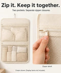 Slick Hanging Closet Sorter With Dual Zippered Mesh Pouches For Hassle Free Underwear And Sock Taming In Smooth Cream Cloth showing two zippered mesh pockets.