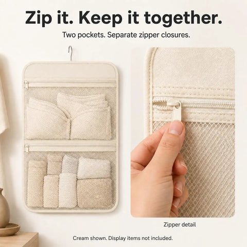 Slick Hanging Closet Sorter With Dual Zippered Mesh Pouches For Hassle Free Underwear And Sock Taming In Smooth Cream Cloth showing two zippered mesh pockets.