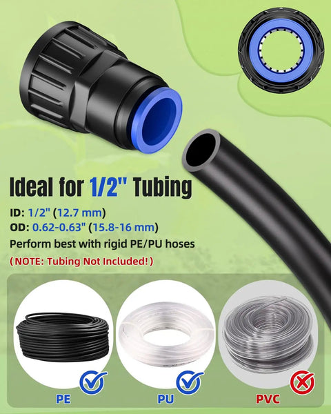 8 Pack 3/4 To 1/2 Inch Faucet Adapters Kit, Quick Connect 3/4 FHT To 1/2 Tubing Connectors displayed with tubing size details