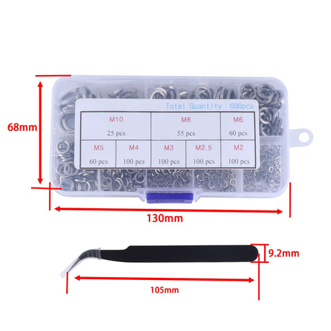 Spring Lock Washer Set 600 Pcs 304 Stainless Steel Assortment Kit Includes M2 M2.5 M3 M4 M5 M6 M8 M10 For Secure Fastening In DIY Furniture Home Improvement And Construction Projects, in plastic organizer