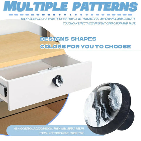 Slick Mushroom Cabinet Knobs With Fresh Black And White Abstract Marble Design Crafted From Premium Crystal Glass on drawer.