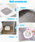 Square Shower Drain Cover 5.7 Inch TPR Silicone Hair Catcher Filter Two Pack Grey Bath Floor Protector in various settings.