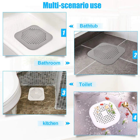 Square Shower Drain Cover 5.7 Inch TPR Silicone Hair Catcher Filter Two Pack Grey Bath Floor Protector in various settings.