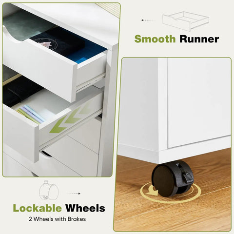 Five Drawer On Wheels Mobile Storage Chest, Space Saving Wooden Dresser For Home Office with lockable wheels and smooth metal slides.