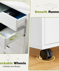 Seven Drawer Rolling Storage Cabinet With Smooth Gliding Casters, Compact White Wood Organizer showing smooth runners and lockable wheels.