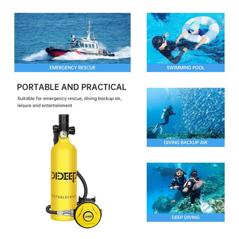 1L Mini Scuba Tank With High Pressure Hand Pump for Emergency Underwater Breathing and Exploration, Bright Yellow