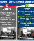 Comparison of desktop setup before and after using pair of desktop speaker stands for small monitors with 16 degree tilt wedge shaped riser.