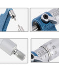 Digital Caliper, Groove Micrometer 0-25-50-75mm Thread Outer Diameter showing detailed close-ups of components and scale markings.