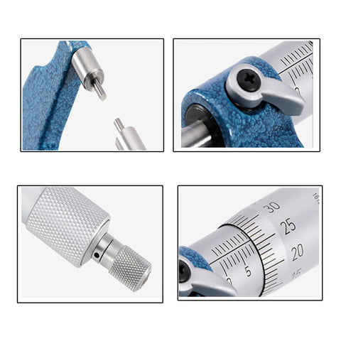 Digital Caliper, Groove Micrometer 0-25-50-75mm Thread Outer Diameter showing detailed close-ups of components and scale markings.