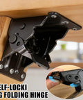 Close-up of Three Piece Black Folding Table Braces With 180 Degree Self Lock Hinges, showcasing locking mechanism on wood.